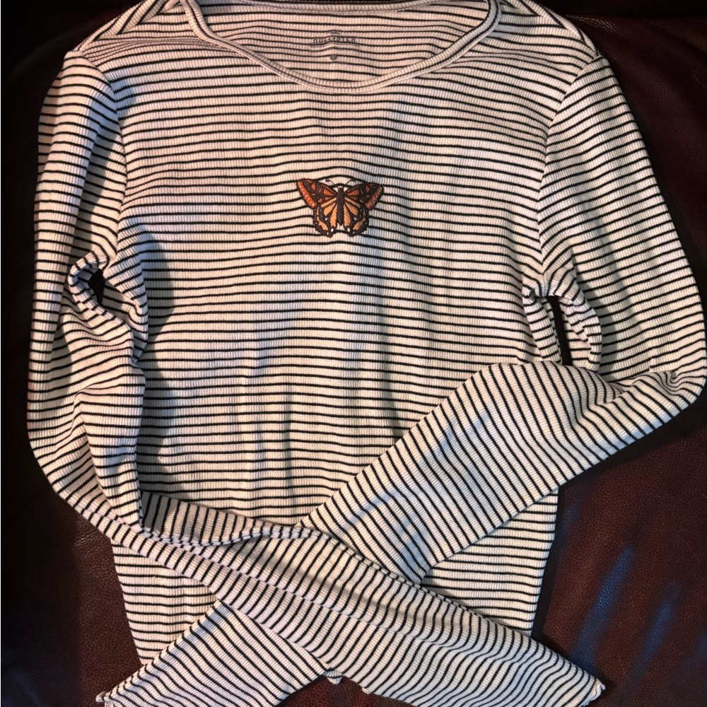 Striped Long Sleeve Top with Butterfly Patch